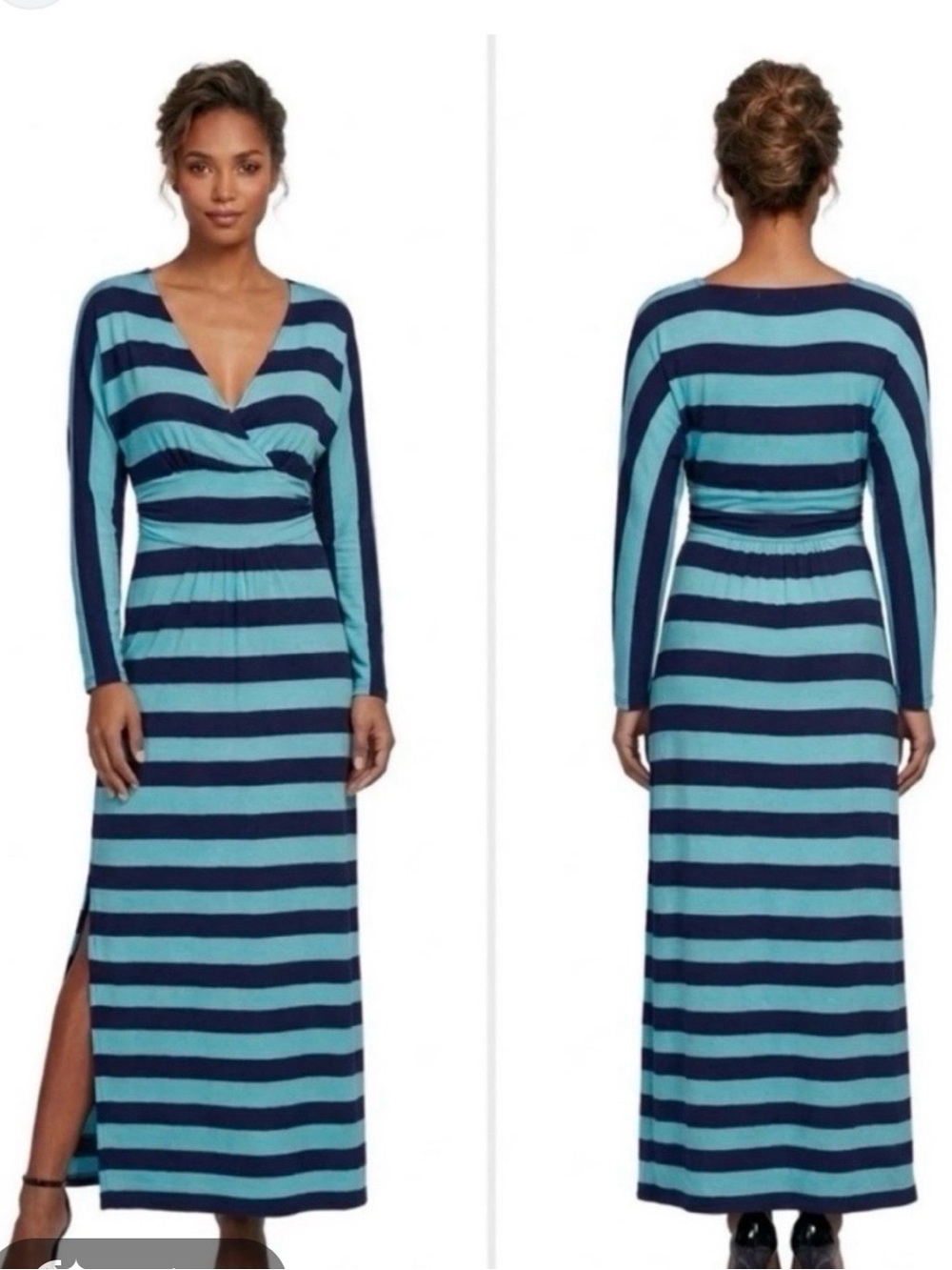 Striped Long Sleeve Maxi Dress - Blue/Turquoise